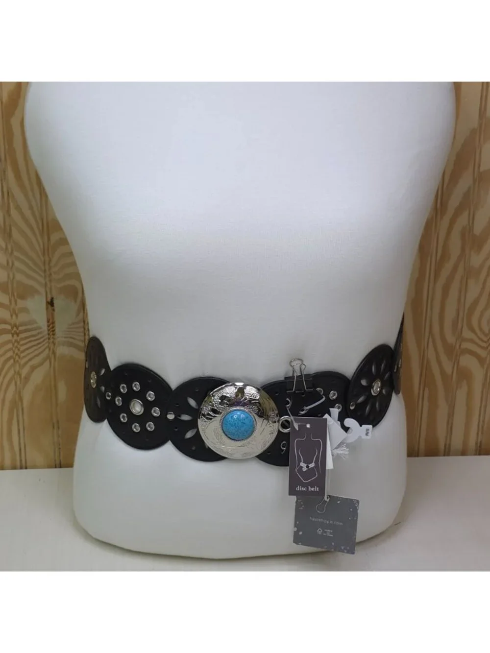 Haute Hippie Black Faux Leather Disc Belt With Silver & Turquoise Buckle Accent
